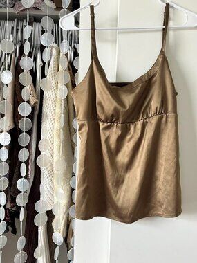 Gold/green silk cami top with adjustable straps.